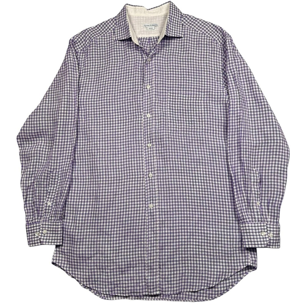 Luigi Baldo Shirt Men's XLT 100% Linen Long Sleeve Purple Check Plaid - Picture 2 of 7